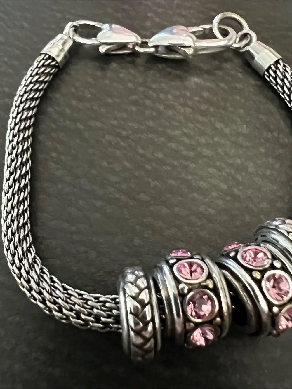 Silvertone Mesh Bracelet with Pink Crystal Spacer Beads